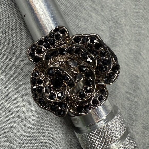 Adjustable Black Rhinestone Rose Flower Ring With Stretch Band Size 9 Women - Picture 7 of 16
